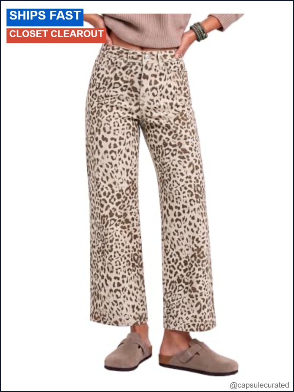 Wide Leg High Waist Ankle Jeans Leopard Cheetah Print Denim Pants
